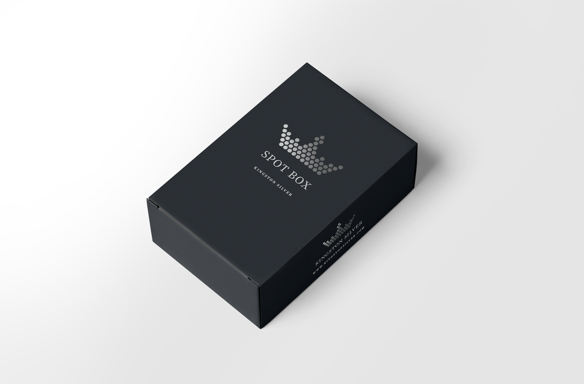 The Kingston Silver SpotBox — a dark navy presentation box with the crown mark